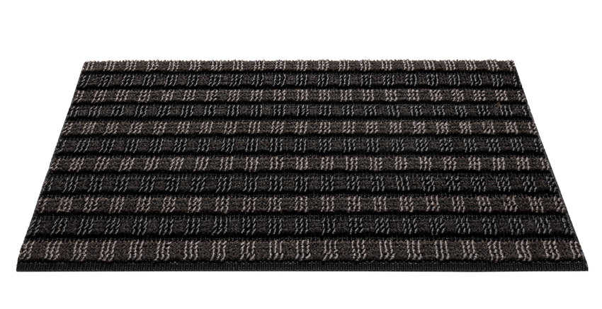 Mymats Quadroscrape doormat in rich brown and black tones with heavy-duty striped surface for outdoor use