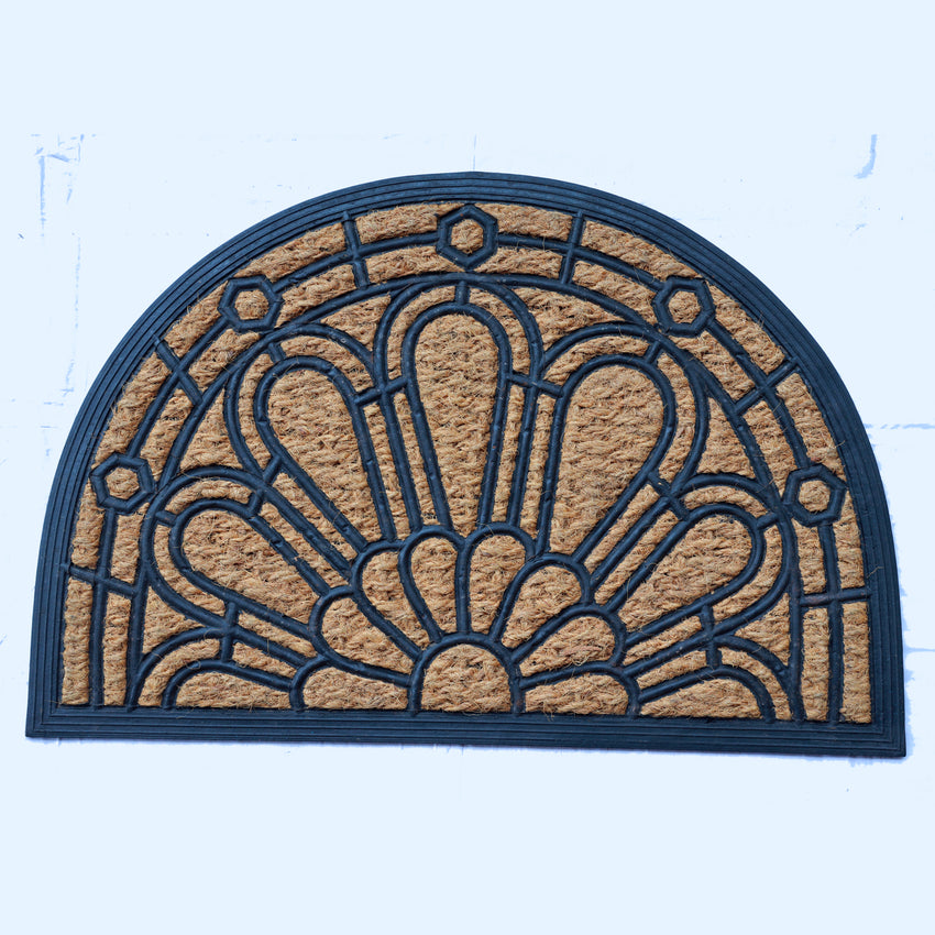 Eco-friendly half round coir doormat with textured fibers for outdoor use
