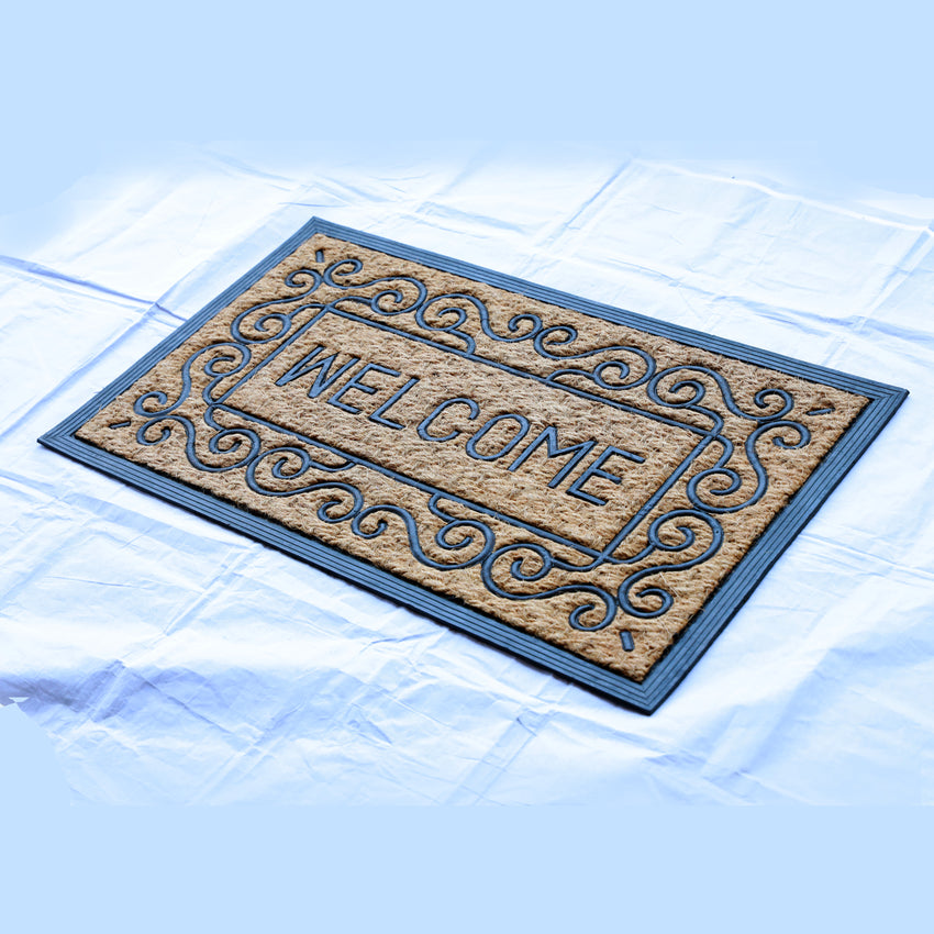 rustic coir and rubber doormat featuring a stylish welcome message and non-slip base