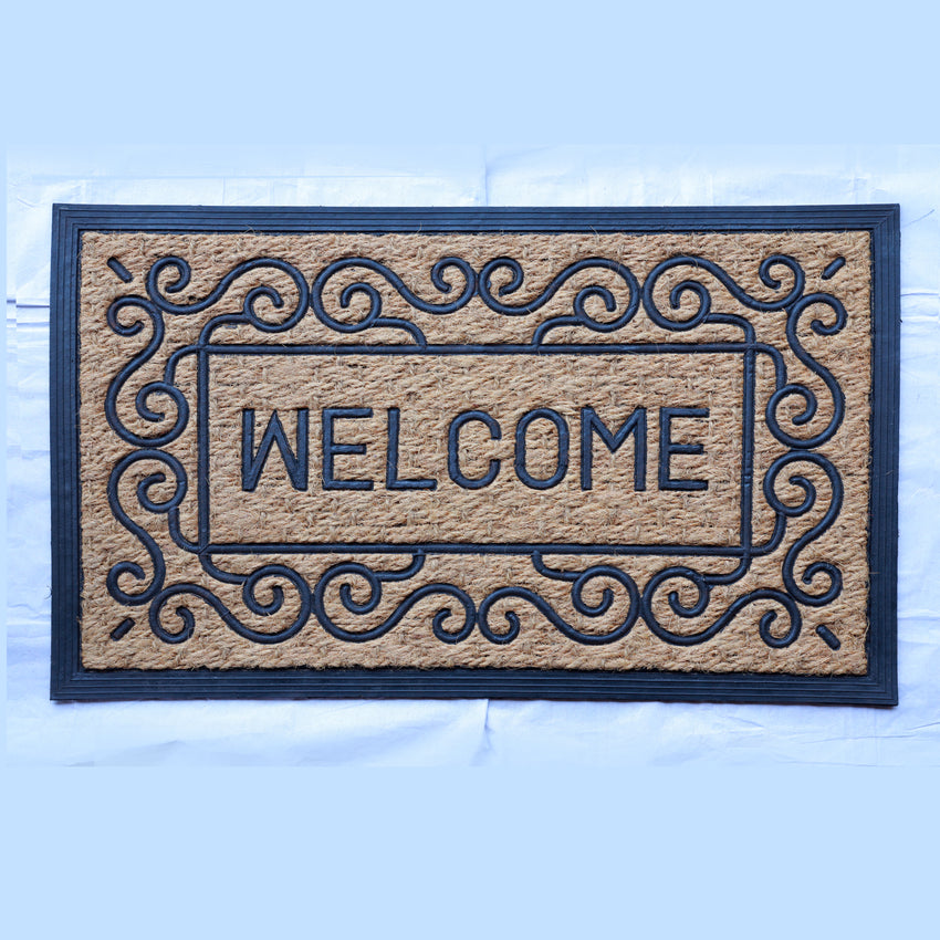 Eco-friendly coir and rubber doormat with embossed “Welcome” text for entryway charm