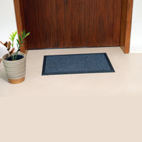 Blue polypropylene doormat with slip-resistant black rubber backing for outdoor use