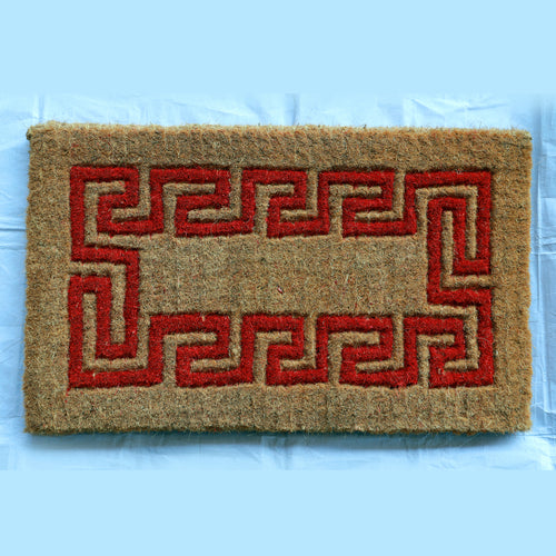 Sustainable natural coir doormat from MyMats in earthy red and beige tones, perfect for entryways or porches.